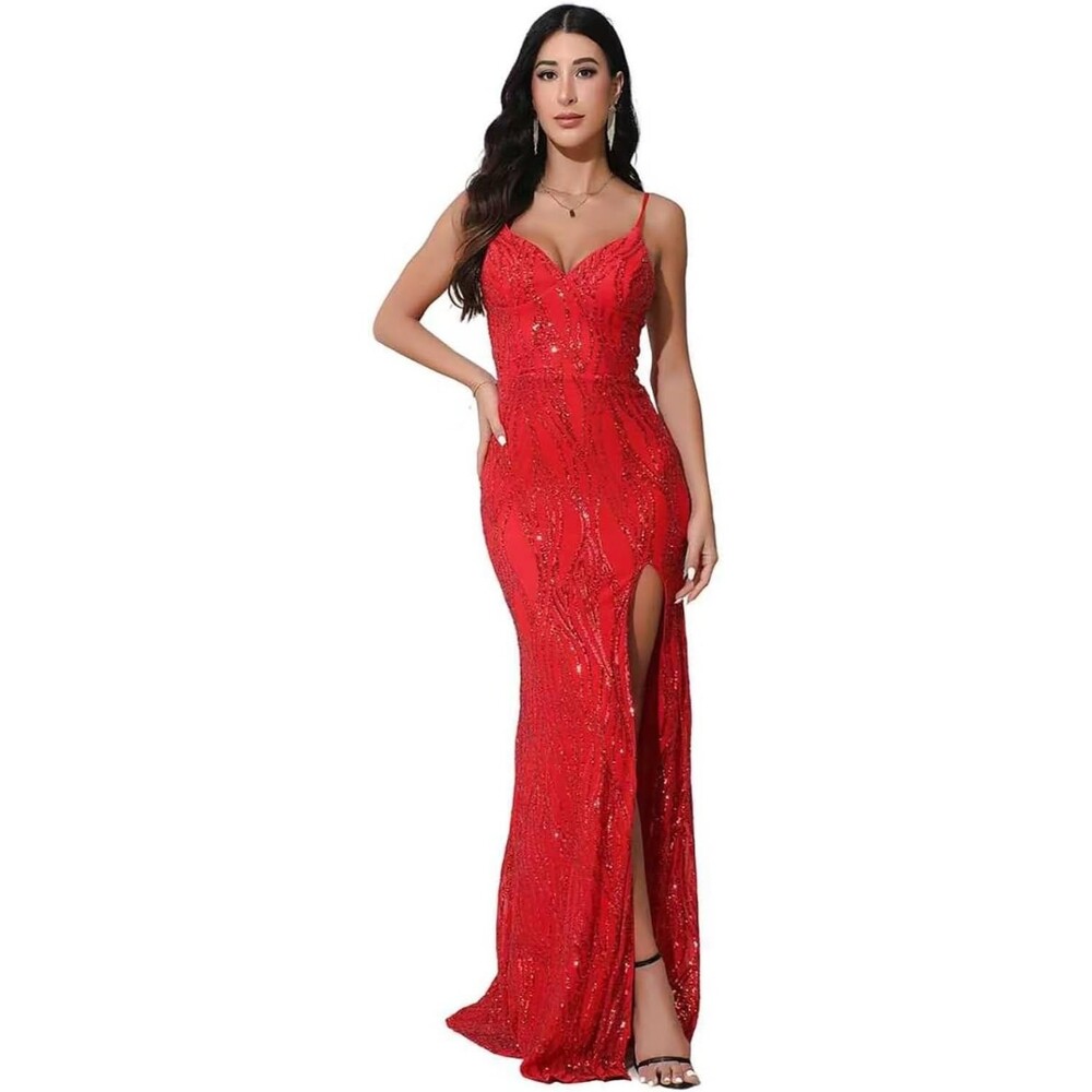 Women's Red V-Neck W/ Thin Spaghetti Straps Sequin Dress Backless Size Large NWT